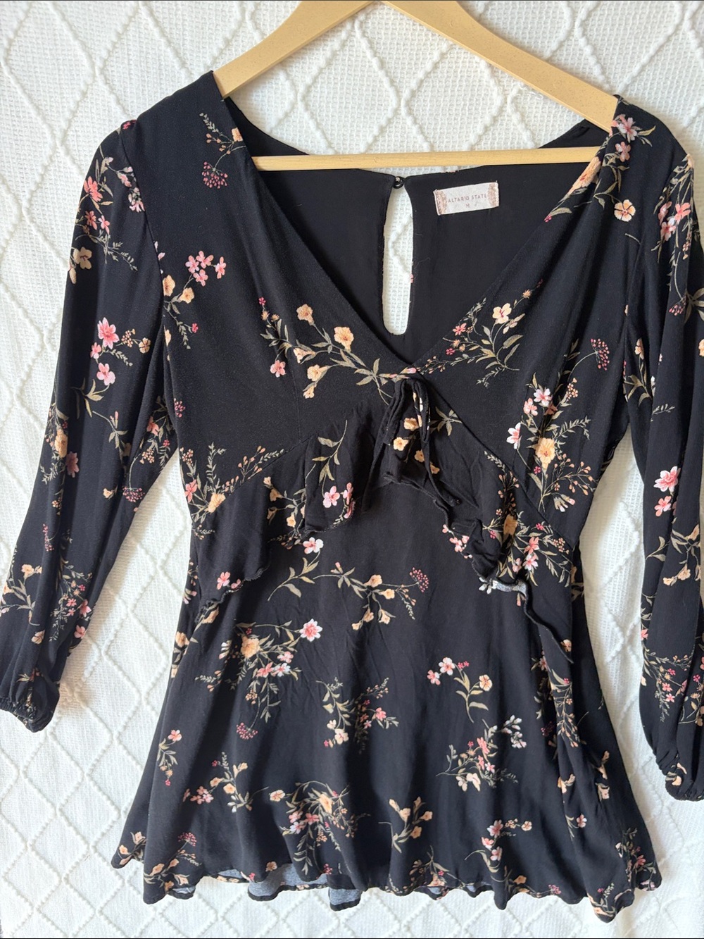 Altar’d State Black Floral Tie-Front Long Sleeve Peplum Blouse